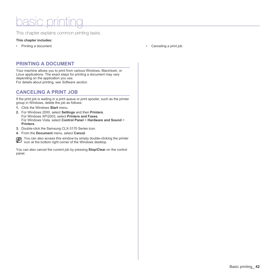 Basic printing, Printing a document, Canceling a print job | 42 printing a document 42 canceling a print job | Samsung CLX-3170FN User Manual | Page 138 / 219