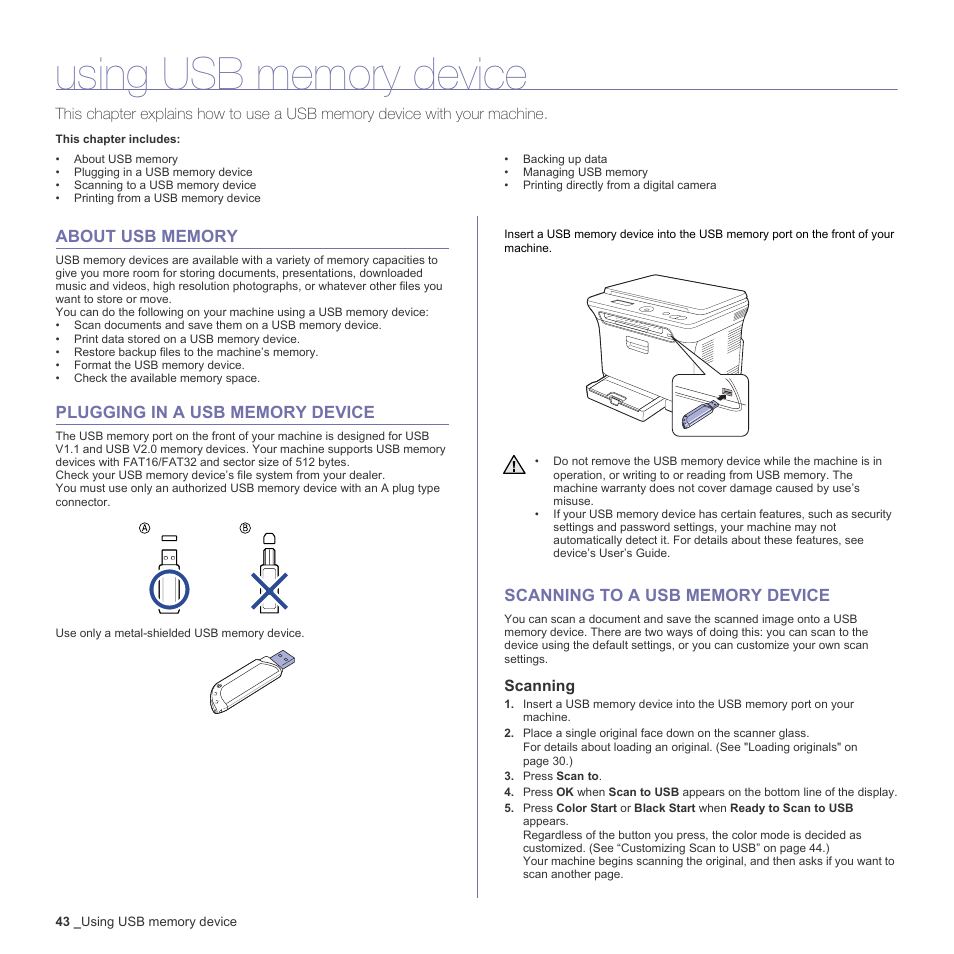 Using usb memory device, About usb memory, Plugging in a usb memory device | Scanning to a usb memory device, Scanning | Samsung CLX-3170FN User Manual | Page 139 / 219