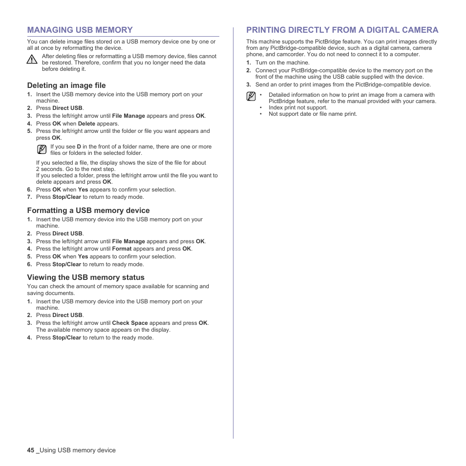 Managing usb memory, Deleting an image file, Formatting a usb memory device | Viewing the usb memory status, Printing directly from a digital camera, 45 managing usb memory, 45 printing directly from a digital camera | Samsung CLX-3170FN User Manual | Page 141 / 219