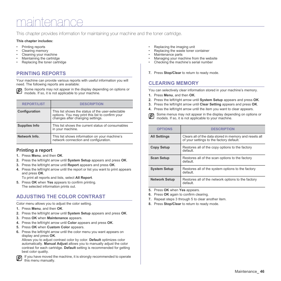 Maintenance, Printing reports, Printing a report | Adjusting the color contrast, Clearing memory, 46 printing reports, 46 adjusting the color contrast 46 clearing memory, See "printing | Samsung CLX-3170FN User Manual | Page 142 / 219