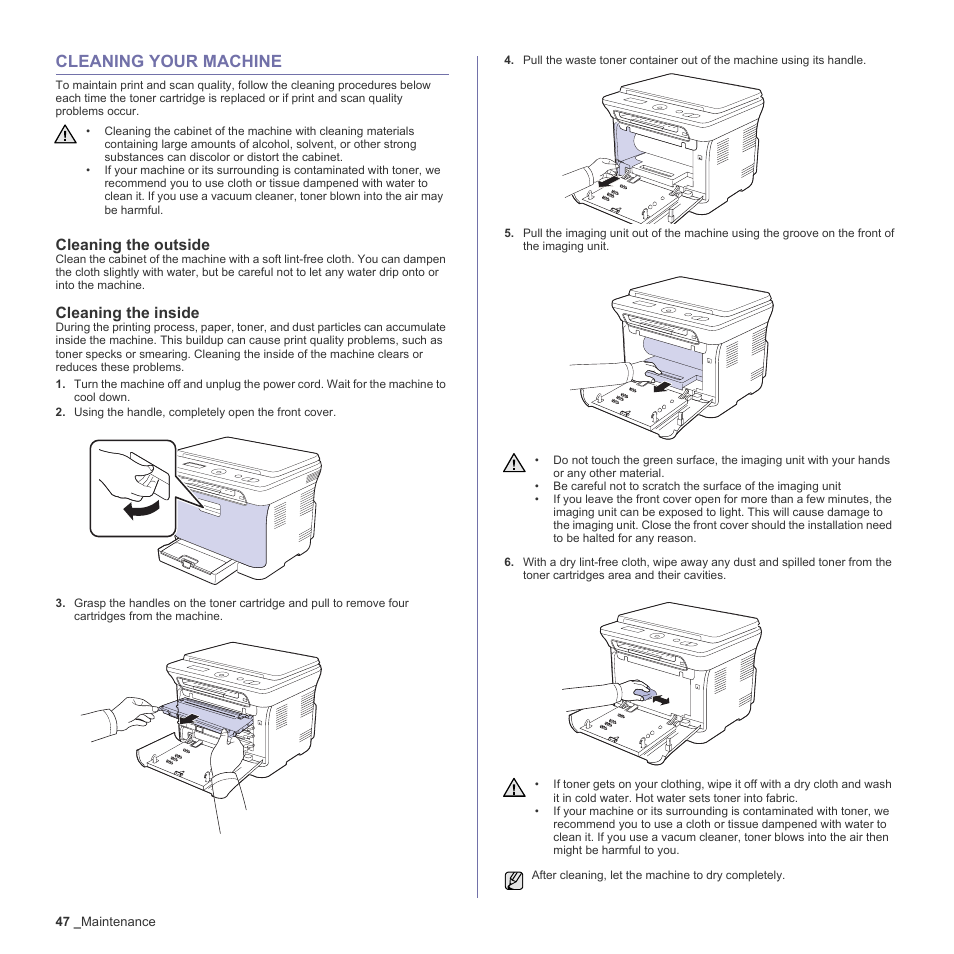 Cleaning your machine, Cleaning the outside, Cleaning the inside | 47 cleaning your machine | Samsung CLX-3170FN User Manual | Page 143 / 219