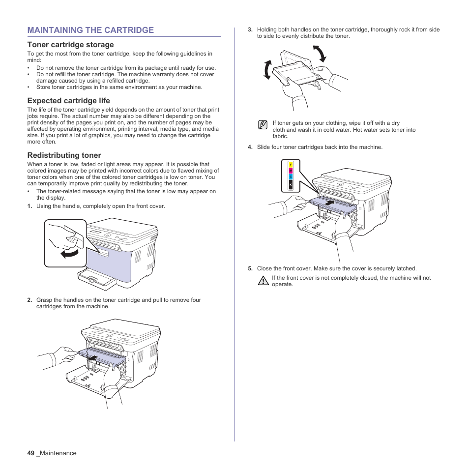 Maintaining the cartridge, Toner cartridge storage, Expected cartridge life | Redistributing toner, 49 maintaining the cartridge | Samsung CLX-3170FN User Manual | Page 145 / 219