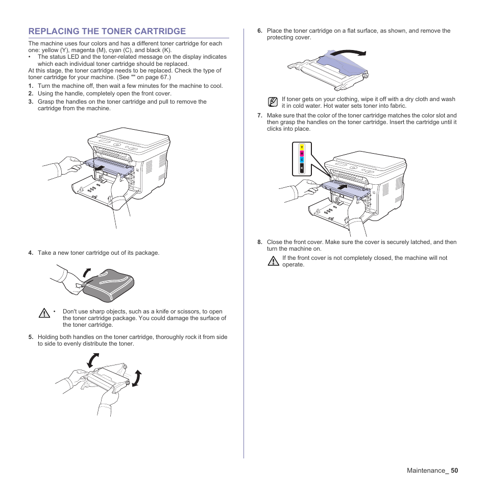 Replacing the toner cartridge, 50 replacing the toner cartridge, R. (see "replacing the | Samsung CLX-3170FN User Manual | Page 146 / 219