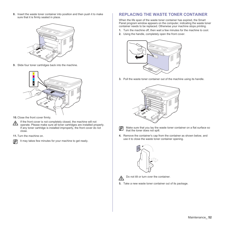 Replacing the waste toner container, 52 replacing the waste toner container | Samsung CLX-3170FN User Manual | Page 148 / 219