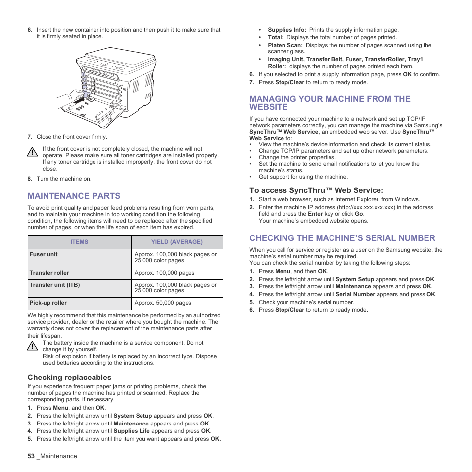 Maintenance parts, Checking replaceables, Managing your machine from the website | To access syncthru™ web service, Checking the machine’s serial number, 53 maintenance parts, 53 managing your machine from the website, To access sync, 53 checking the machine’s serial number | Samsung CLX-3170FN User Manual | Page 149 / 219