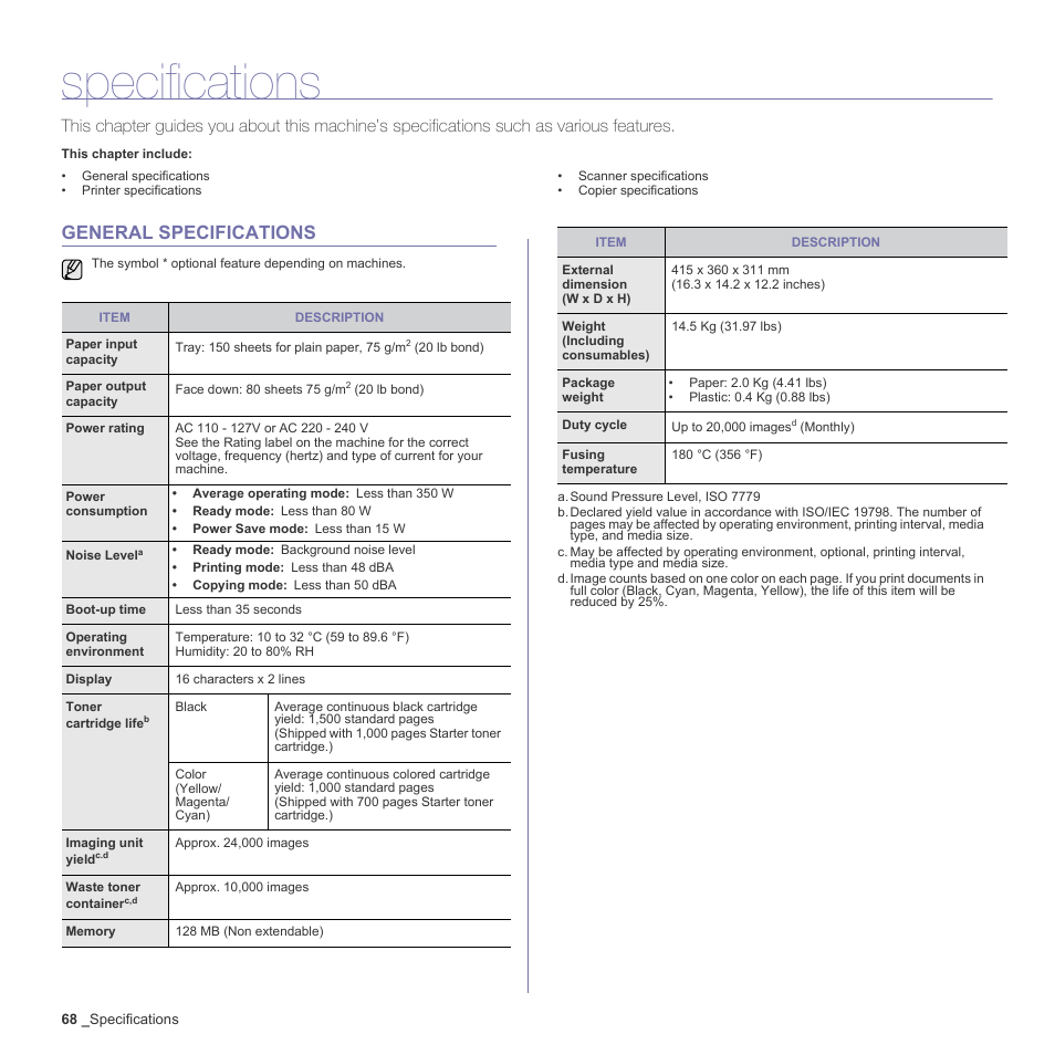 Specifications, General specifications, 68 general specifications | Samsung CLX-3170FN User Manual | Page 164 / 219