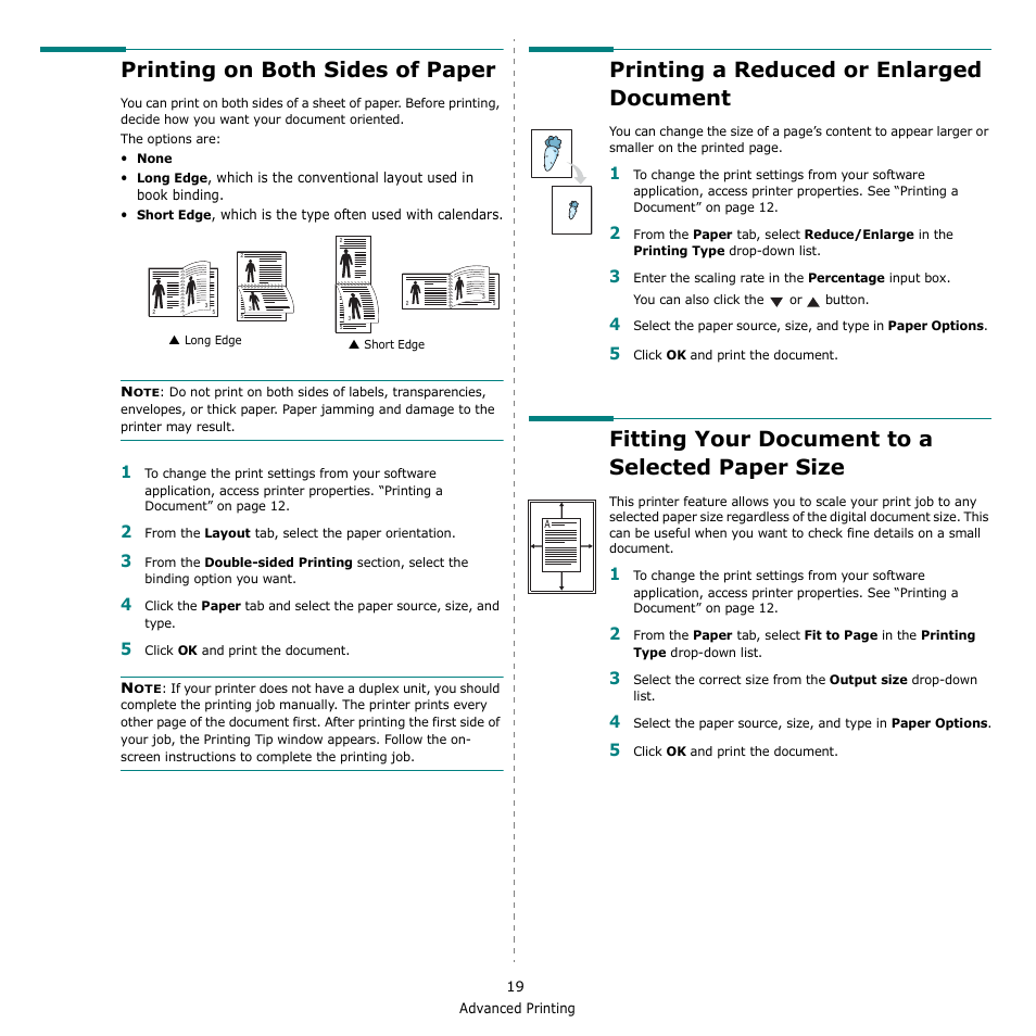 Printing on both sides of paper, Printing a reduced or enlarged document, Fitting your document to a selected paper size | Printing a reduced or enlarged document” on, Fitting your document to a selected paper | Samsung CLX-3170FN User Manual | Page 194 / 219