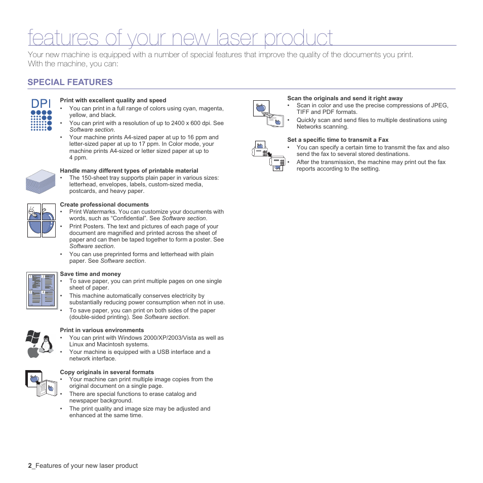 Clx-3170fn, clx-3175fn, clx-3175fw, Features of your new laser product, Special features | Samsung CLX-3170FN User Manual | Page 2 / 219