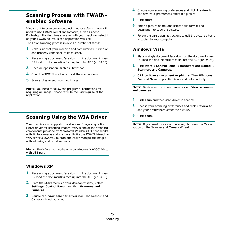 Scanning process with twain- enabled software, Scanning using the wia driver, Windows xp | Windows vista, Windows xp windows vista | Samsung CLX-3170FN User Manual | Page 200 / 219