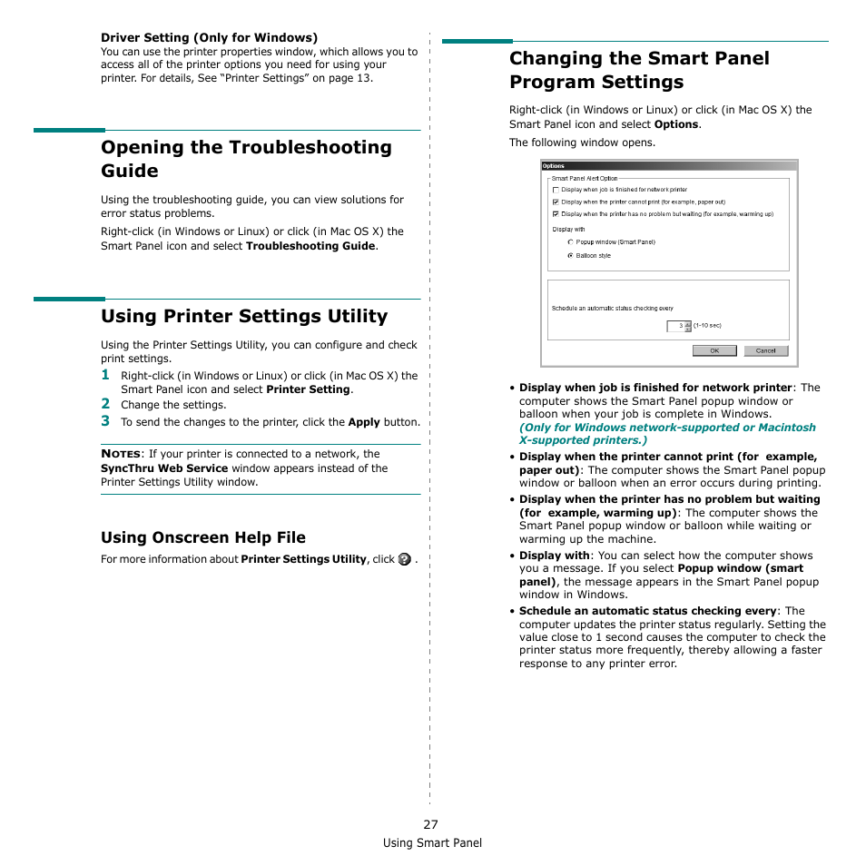 Opening the troubleshooting guide, Using printer settings utility, Using onscreen help file | Changing the smart panel program settings | Samsung CLX-3170FN User Manual | Page 202 / 219