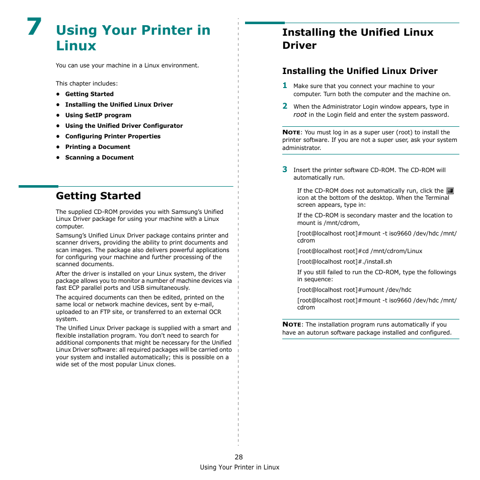 Using your printer in linux, Getting started, Installing the unified linux driver | Chapter 7 | Samsung CLX-3170FN User Manual | Page 203 / 219