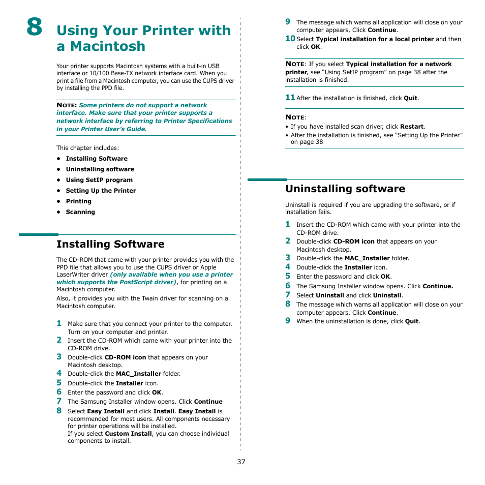 Using your printer with a macintosh, Installing software, Uninstalling software | Chapter 8, Installing software uninstalling software | Samsung CLX-3170FN User Manual | Page 212 / 219