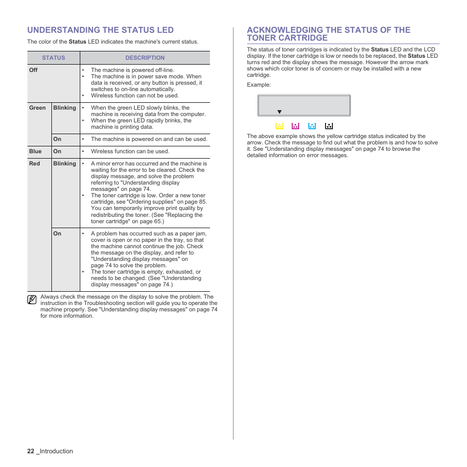 Understanding the status led, Acknowledging the status of the toner cartridge, 22 understanding the | 22 acknowledging the status of the toner cartridge, Acknowledging the status of the toner | Samsung CLX-3170FN User Manual | Page 22 / 219