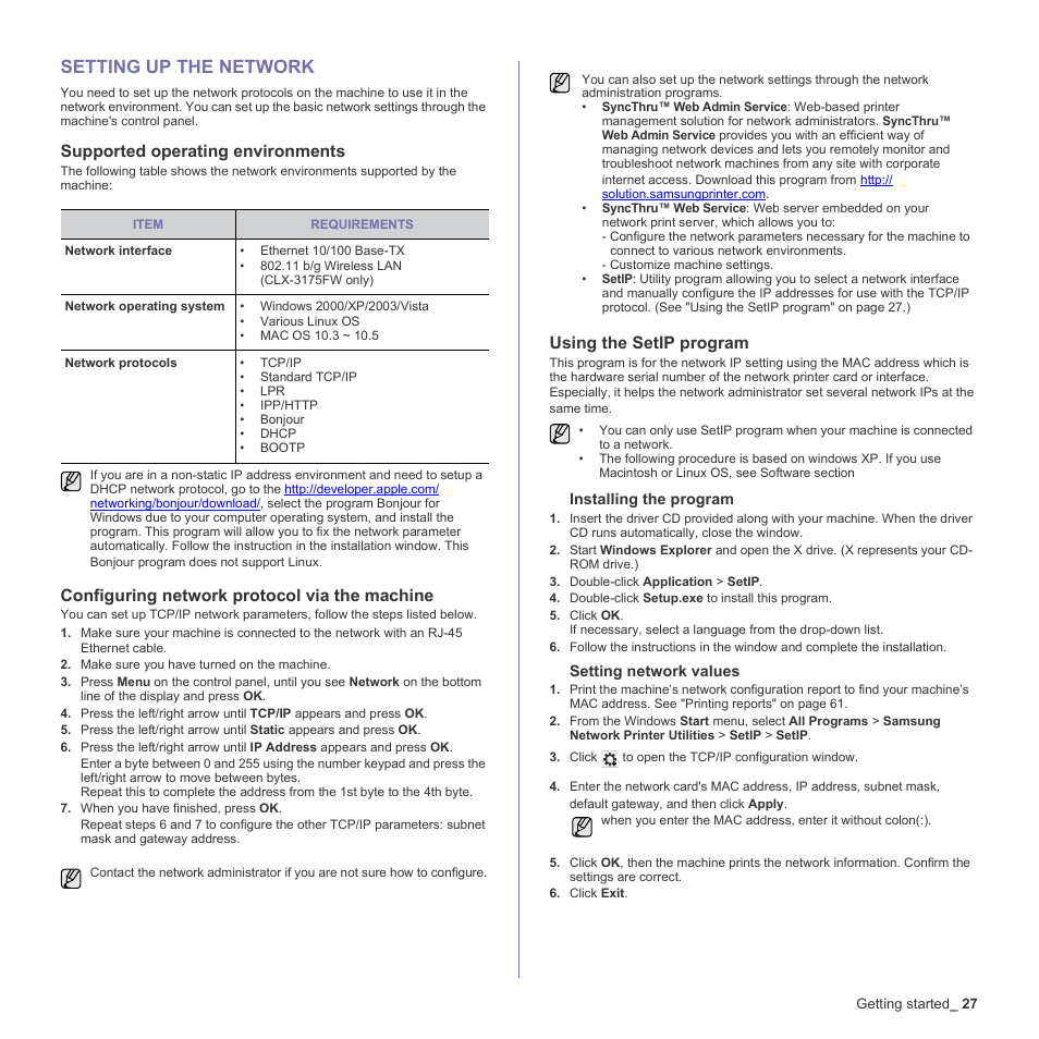 Setting up the network, Supported operating environments, Configuring network protocol via the machine | Using the setip program, 27 setting up the network | Samsung CLX-3170FN User Manual | Page 27 / 219