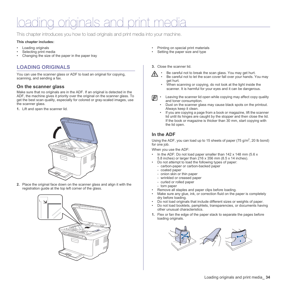 Loading originals and print media, Loading originals, On the scanner glass | In the adf, 34 loading originals | Samsung CLX-3170FN User Manual | Page 34 / 219