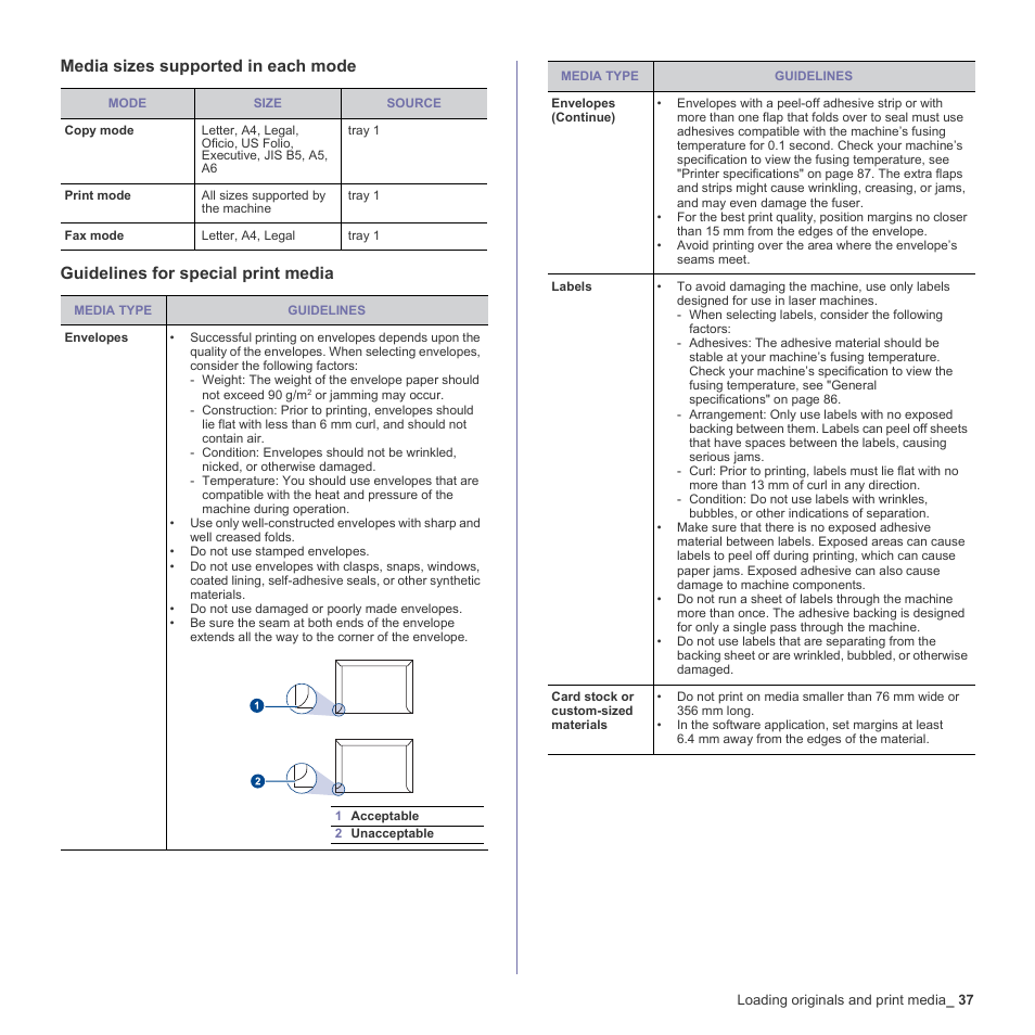Media sizes supported in each mode, Guidelines for special print media | Samsung CLX-3170FN User Manual | Page 37 / 219