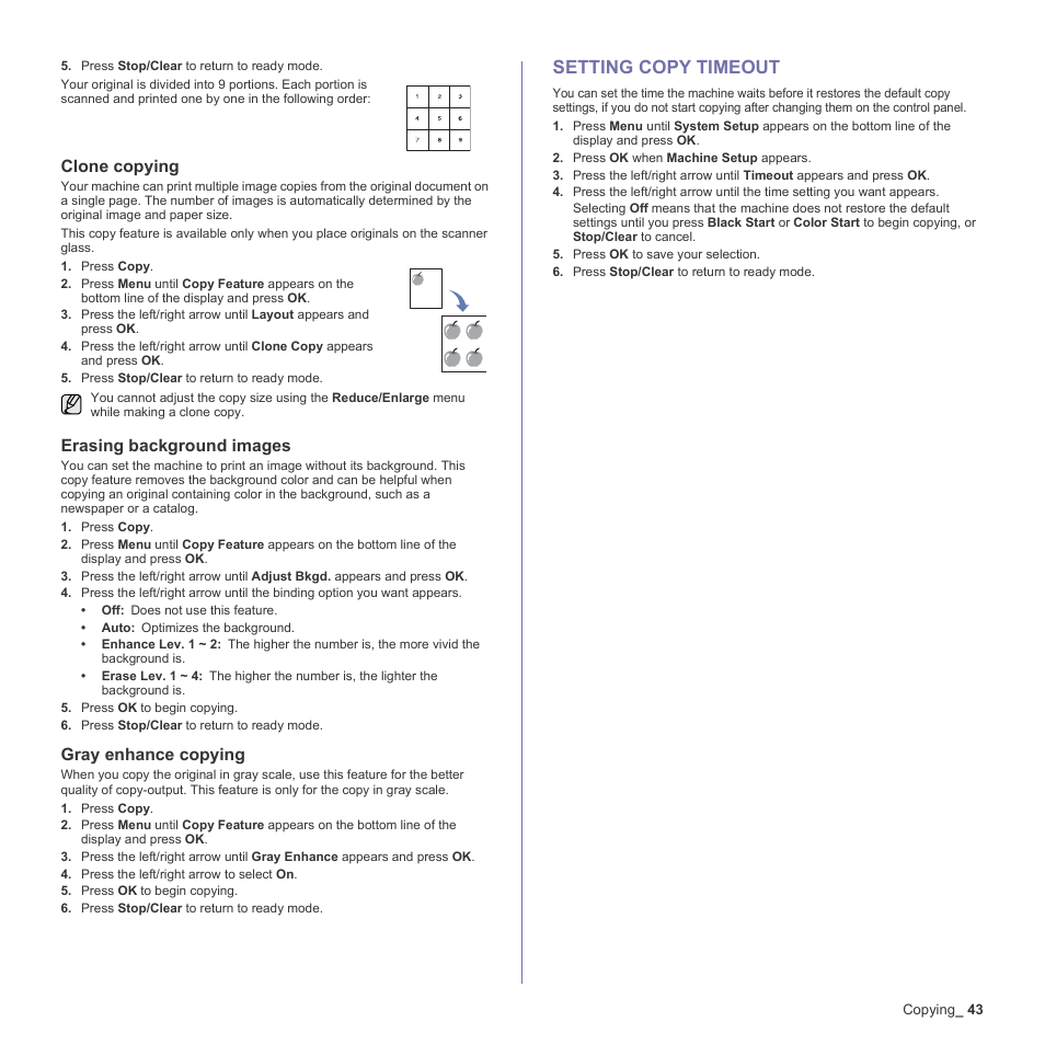 Clone copying, Erasing background images, Gray enhance copying | Setting copy timeout, 43 setting copy timeout | Samsung CLX-3170FN User Manual | Page 43 / 219