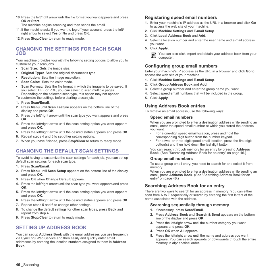 Changing the settings for each scan job, Changing the default scan settings, Setting up address book | Registering speed email numbers, Configuring group email numbers, Using address book entries, Searching address book for an entry | Samsung CLX-3170FN User Manual | Page 46 / 219
