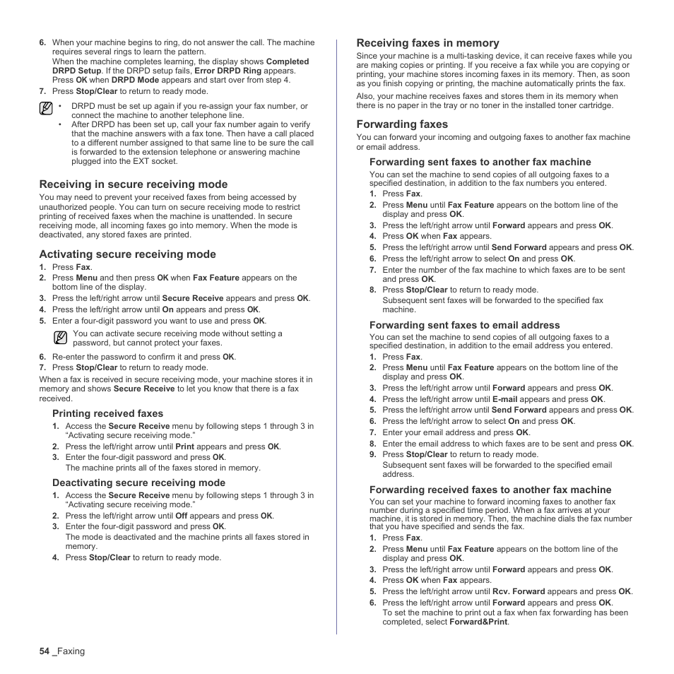 Receiving in secure receiving mode, Activating secure receiving mode, Receiving faxes in memory | Forwarding faxes | Samsung CLX-3170FN User Manual | Page 54 / 219
