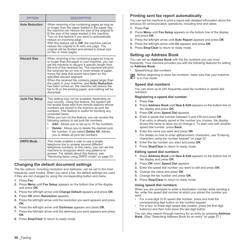 Changing the default document settings, Printing sent fax report automatically, Setting up address book | Setting up address book" on, Changing the default document, E "setting up address book" on | Samsung CLX-3170FN User Manual | Page 56 / 219