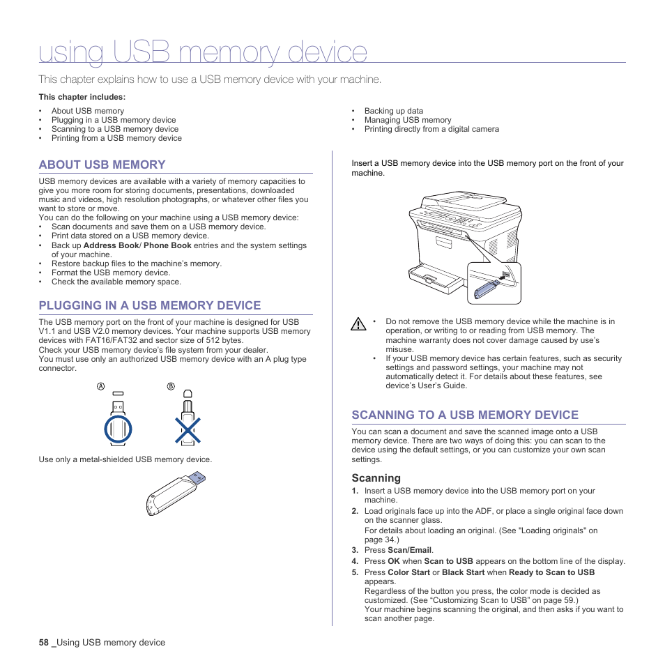 Using usb memory device, About usb memory, Plugging in a usb memory device | Scanning to a usb memory device, Scanning | Samsung CLX-3170FN User Manual | Page 58 / 219