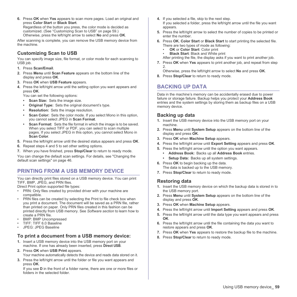 Customizing scan to usb, Printing from a usb memory device, To print a document from a usb memory device | Backing up data, Restoring data, 59 printing from a usb memory device, 59 backing up data | Samsung CLX-3170FN User Manual | Page 59 / 219