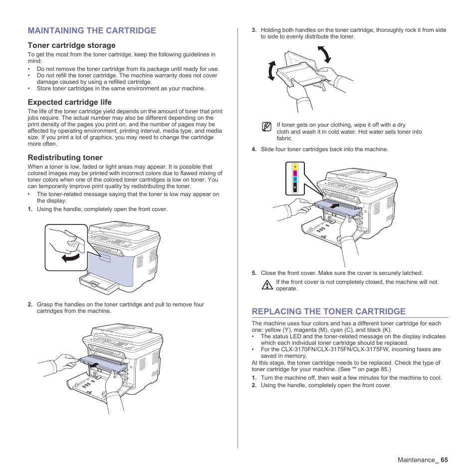 Maintaining the cartridge, Toner cartridge storage, Expected cartridge life | Redistributing toner, Replacing the toner cartridge, 65 maintaining the cartridge, 65 replacing the toner cartridge | Samsung CLX-3170FN User Manual | Page 65 / 219