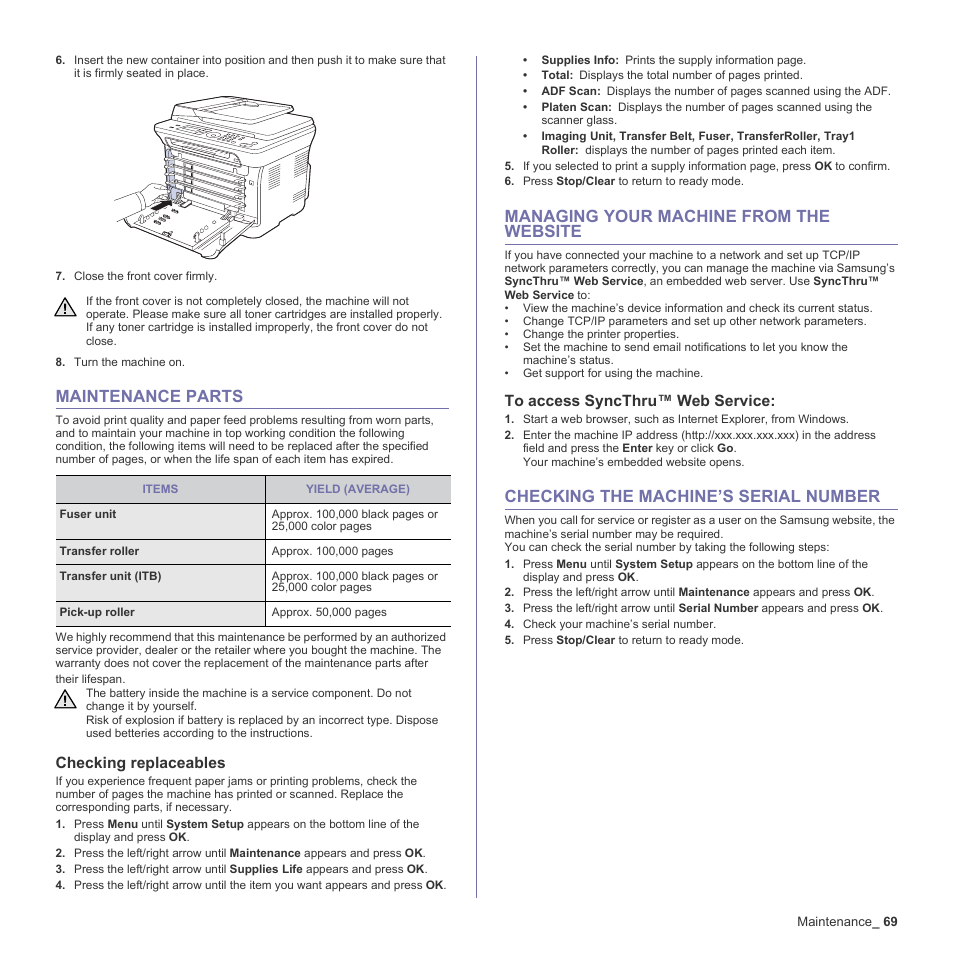 Maintenance parts, Checking replaceables, Managing your machine from the website | To access syncthru™ web service, Checking the machine’s serial number, 69 maintenance parts, 69 managing your machine from the website, To access s, 69 checking the machine’s serial number | Samsung CLX-3170FN User Manual | Page 69 / 219