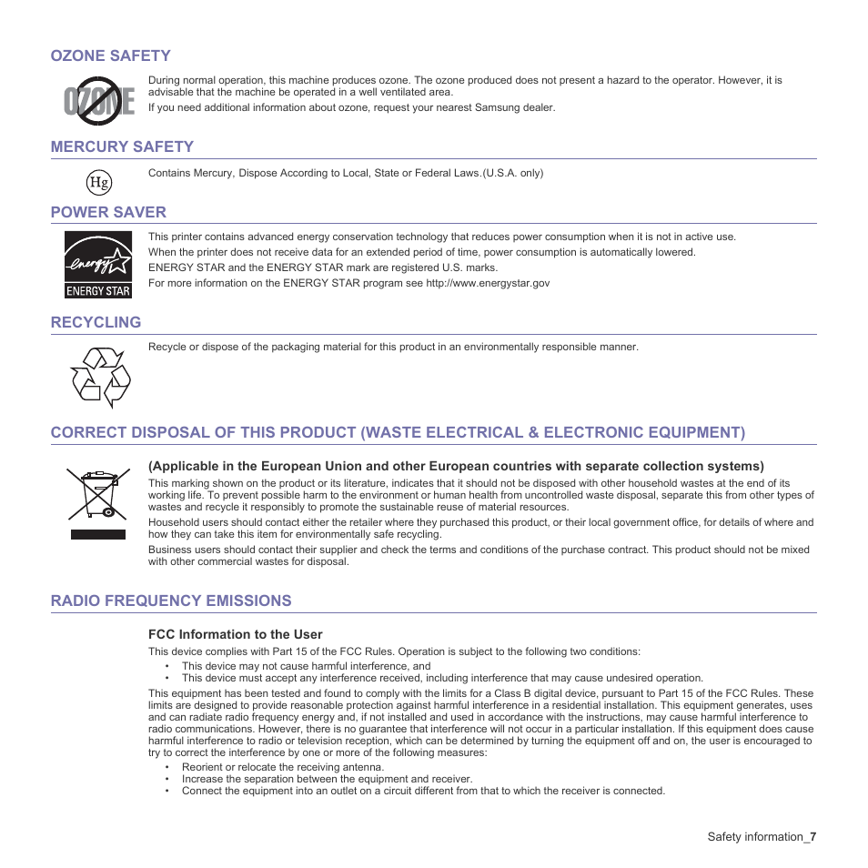 Ozone safety, Mercury safety, Power saver | Recycling, Radio frequency emissions | Samsung CLX-3170FN User Manual | Page 7 / 219