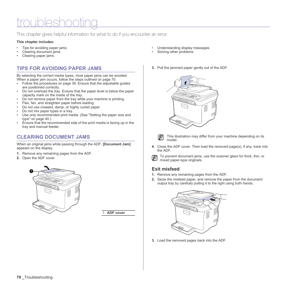 Troubleshooting, Tips for avoiding paper jams, Clearing document jams | Exit misfeed | Samsung CLX-3170FN User Manual | Page 70 / 219