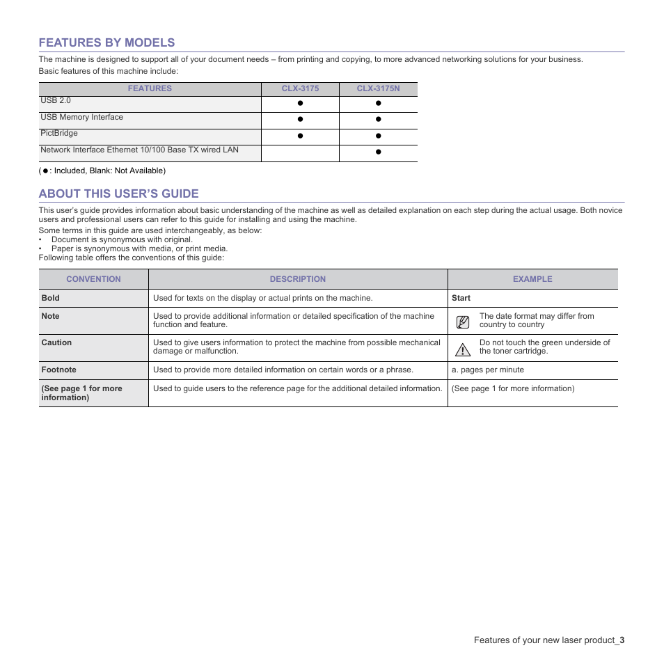 Features by models, About this user’s guide | Samsung CLX-3170FN User Manual | Page 99 / 219