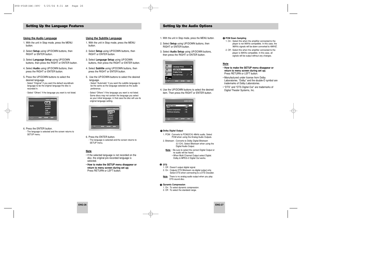 Setting up the audio options | Samsung DVD-P348 User Manual | Page 14 / 17