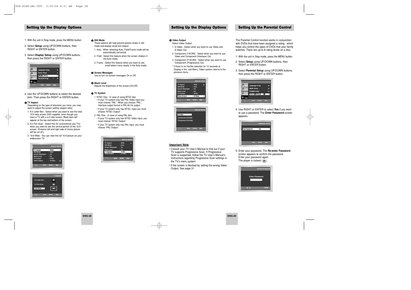 Setting up the display options, Setting up the parental control | Samsung DVD-P348 User Manual | Page 15 / 17