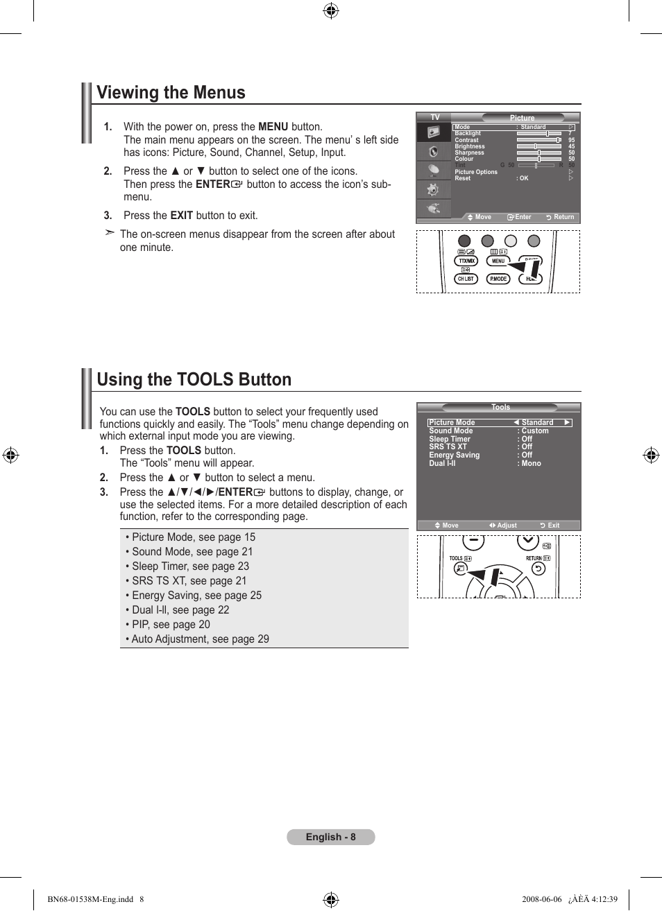 Viewing the menus, Using the tools button, Viewing the menus using the tools button | Samsung BN68-01538M-00 User Manual | Page 10 / 35