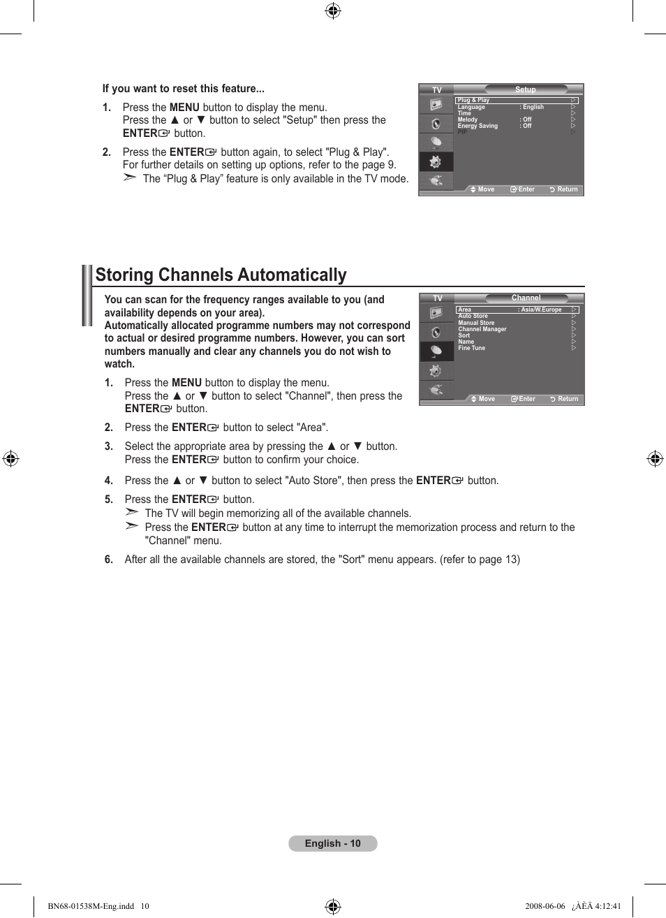 Setting the channels, Storing channels automatically | Samsung BN68-01538M-00 User Manual | Page 12 / 35