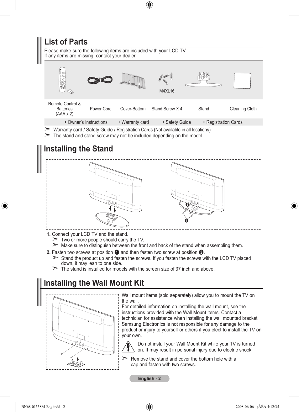 Connecting and preparing your tv, List of parts, Installing the stand | Installing the wall mount kit, Installing the stand installing the wall mount kit | Samsung BN68-01538M-00 User Manual | Page 4 / 35