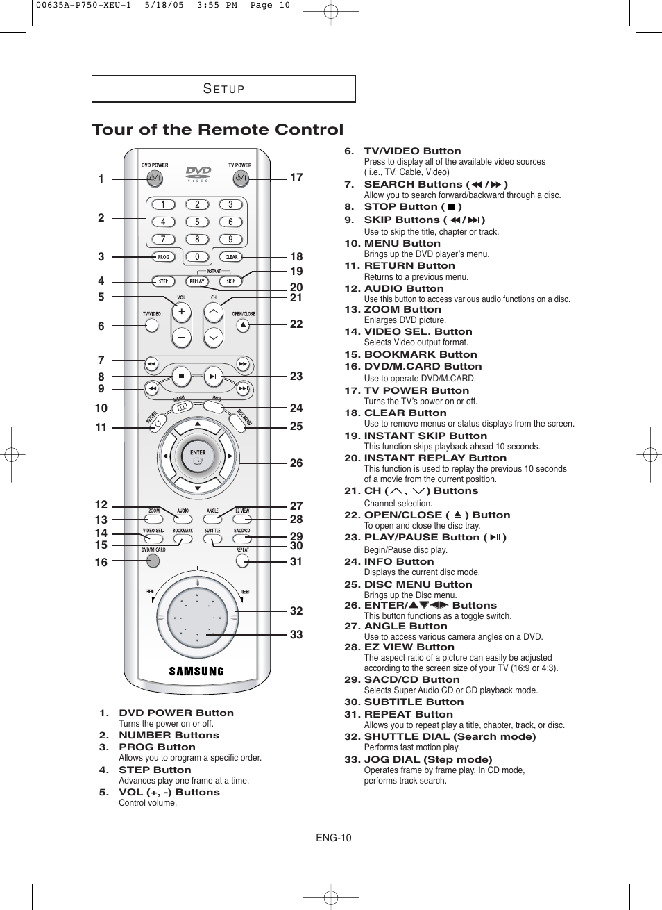 Tour of the remote control | Samsung DVD-P750 User Manual | Page 10 / 76