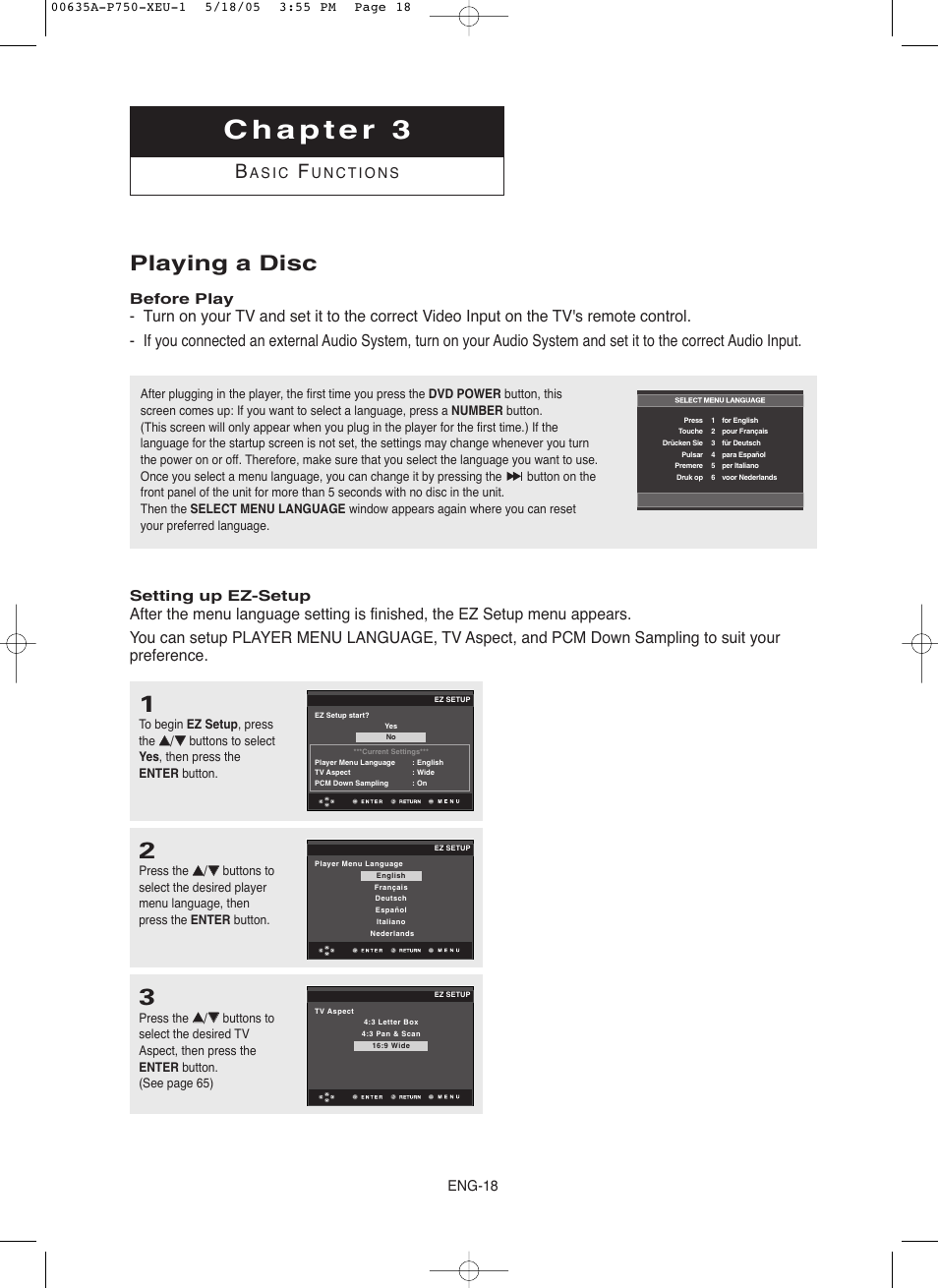 Chapter 3 basic functions, Playing a disc, Eng-18 | A s i c, Before play, Setting up ez-setup | Samsung DVD-P750 User Manual | Page 18 / 76