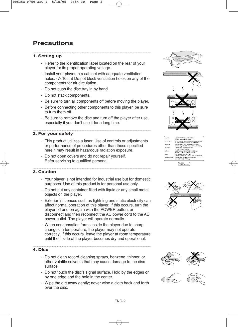 Precautions | Samsung DVD-P750 User Manual | Page 2 / 76