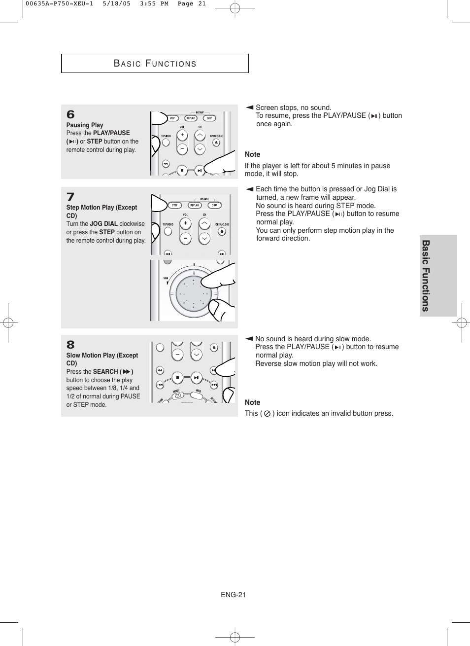 Basic functions | Samsung DVD-P750 User Manual | Page 21 / 76