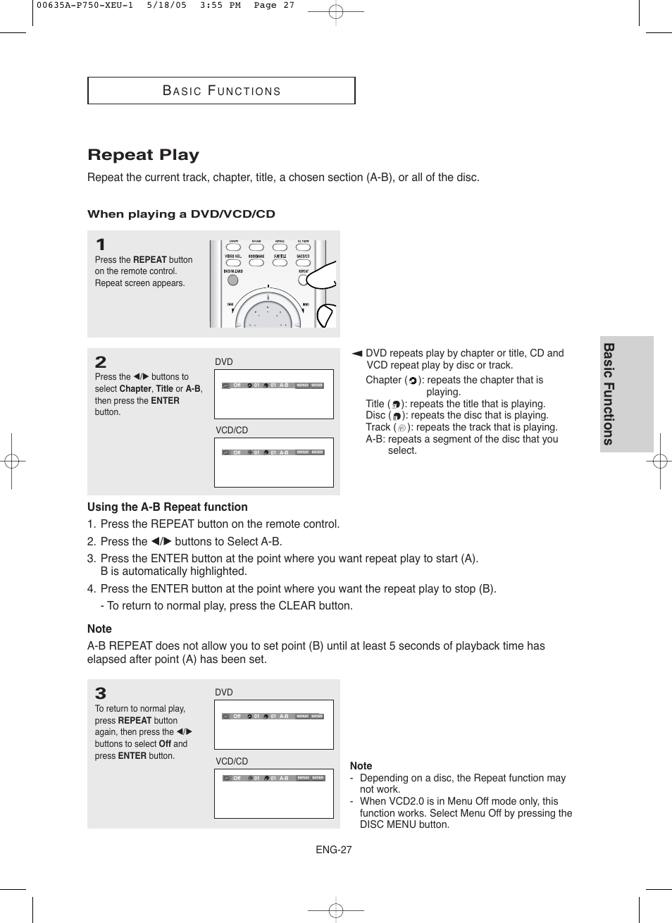 Repeat play, Basic functions | Samsung DVD-P750 User Manual | Page 27 / 76