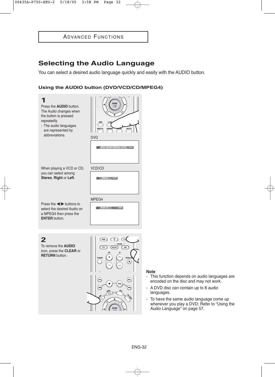 Selecting the audio language | Samsung DVD-P750 User Manual | Page 32 / 76