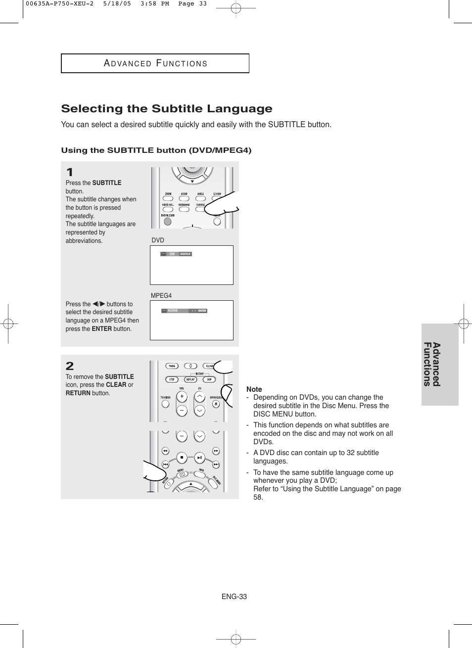 Selecting the subtitle language, Advanced functions | Samsung DVD-P750 User Manual | Page 33 / 76