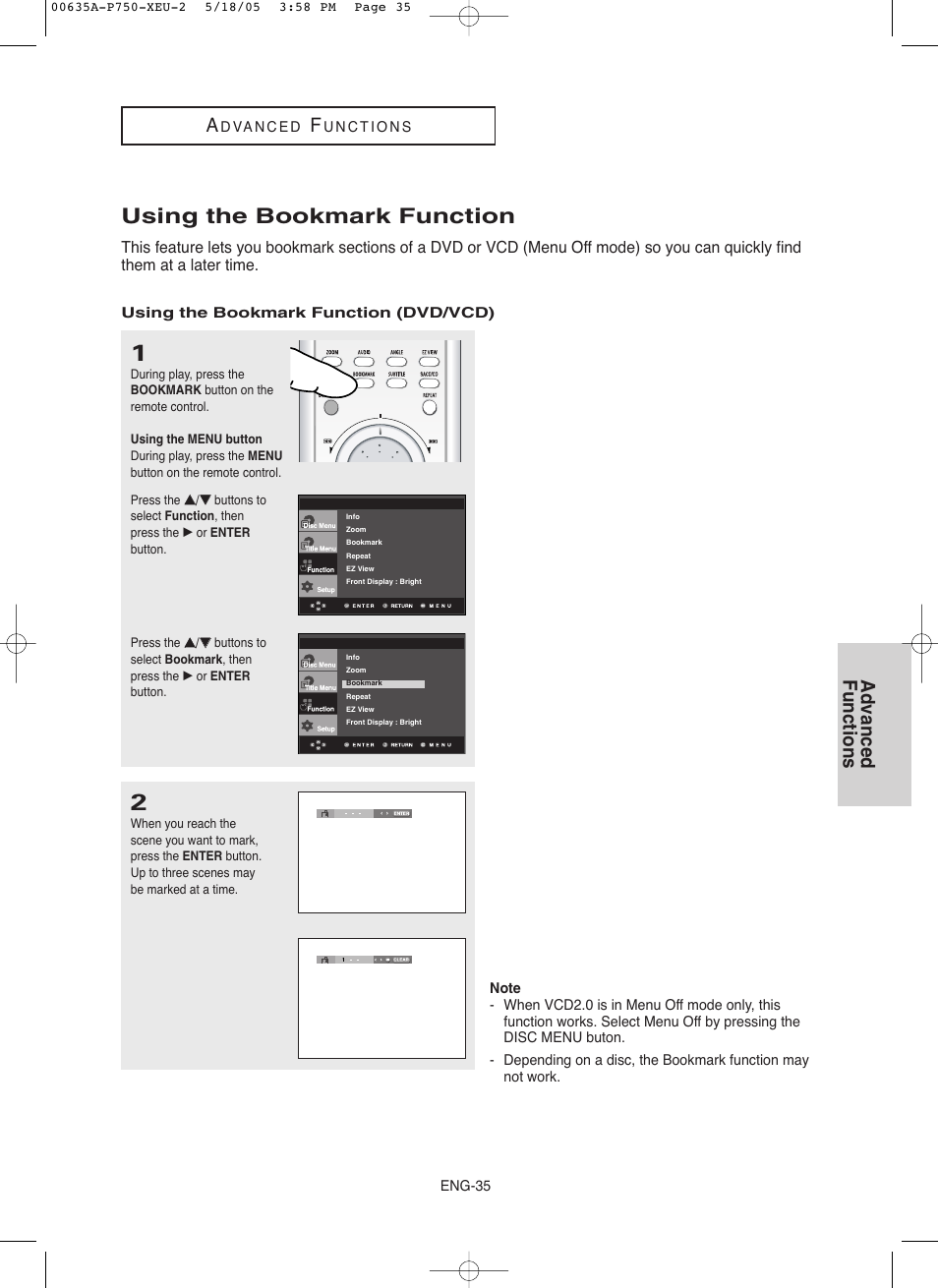 Using the bookmark function, Advanced functions | Samsung DVD-P750 User Manual | Page 35 / 76