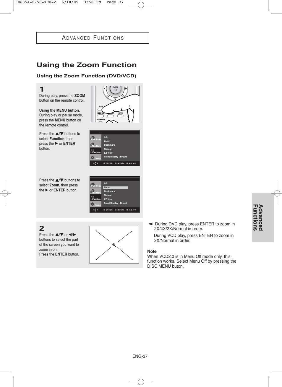 Using the zoom function, Advanced functions | Samsung DVD-P750 User Manual | Page 37 / 76