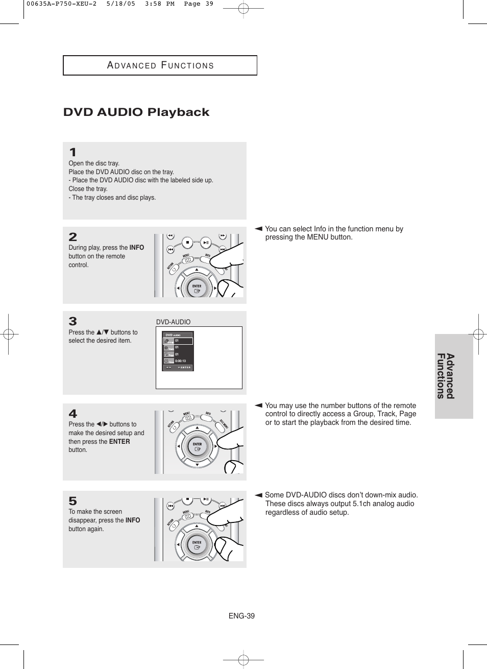 Dvd audio playback, Advanced functions | Samsung DVD-P750 User Manual | Page 39 / 76