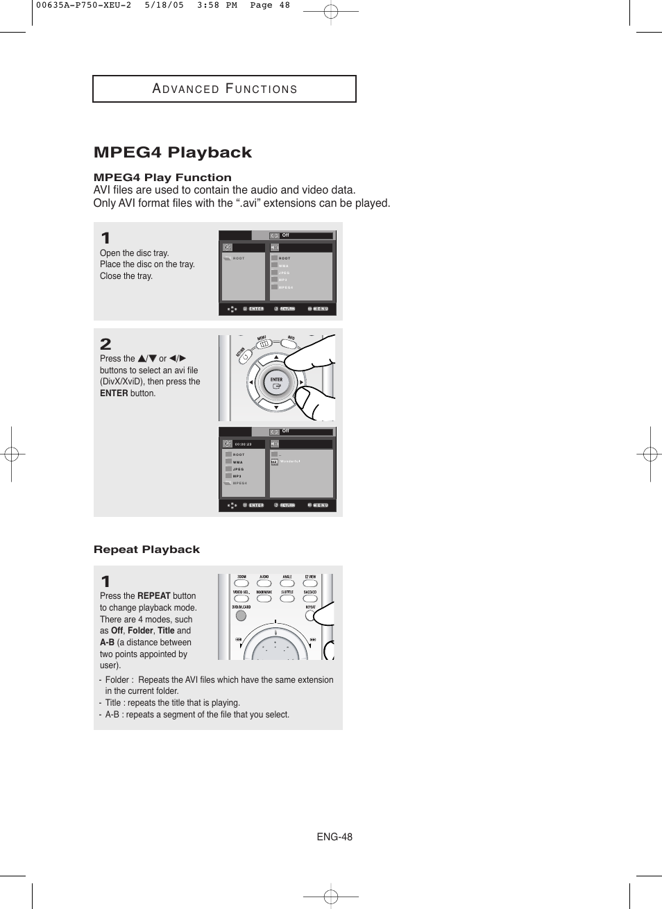 Mpeg4 playback, Mpeg4 play function, Repeat playback | Eng-48 | Samsung DVD-P750 User Manual | Page 48 / 76