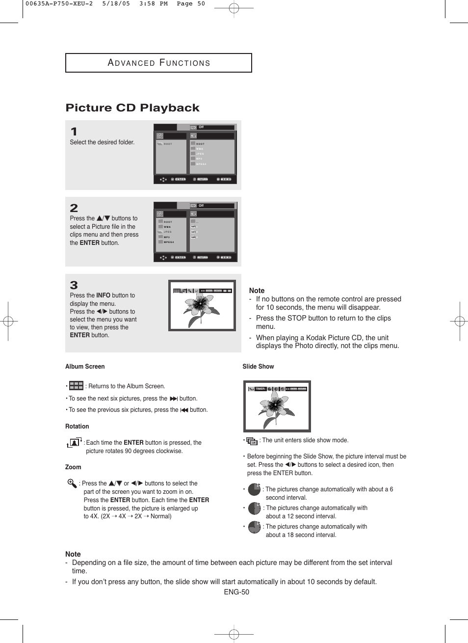 Picture cd playback | Samsung DVD-P750 User Manual | Page 50 / 76