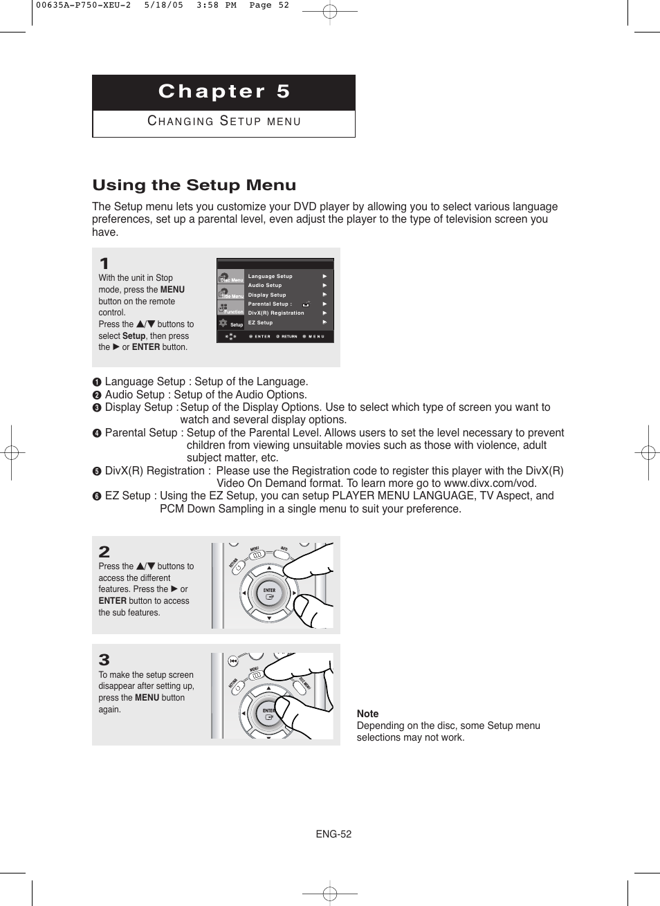 Chapter 5 changing setup menu, Using the setup menu | Samsung DVD-P750 User Manual | Page 52 / 76