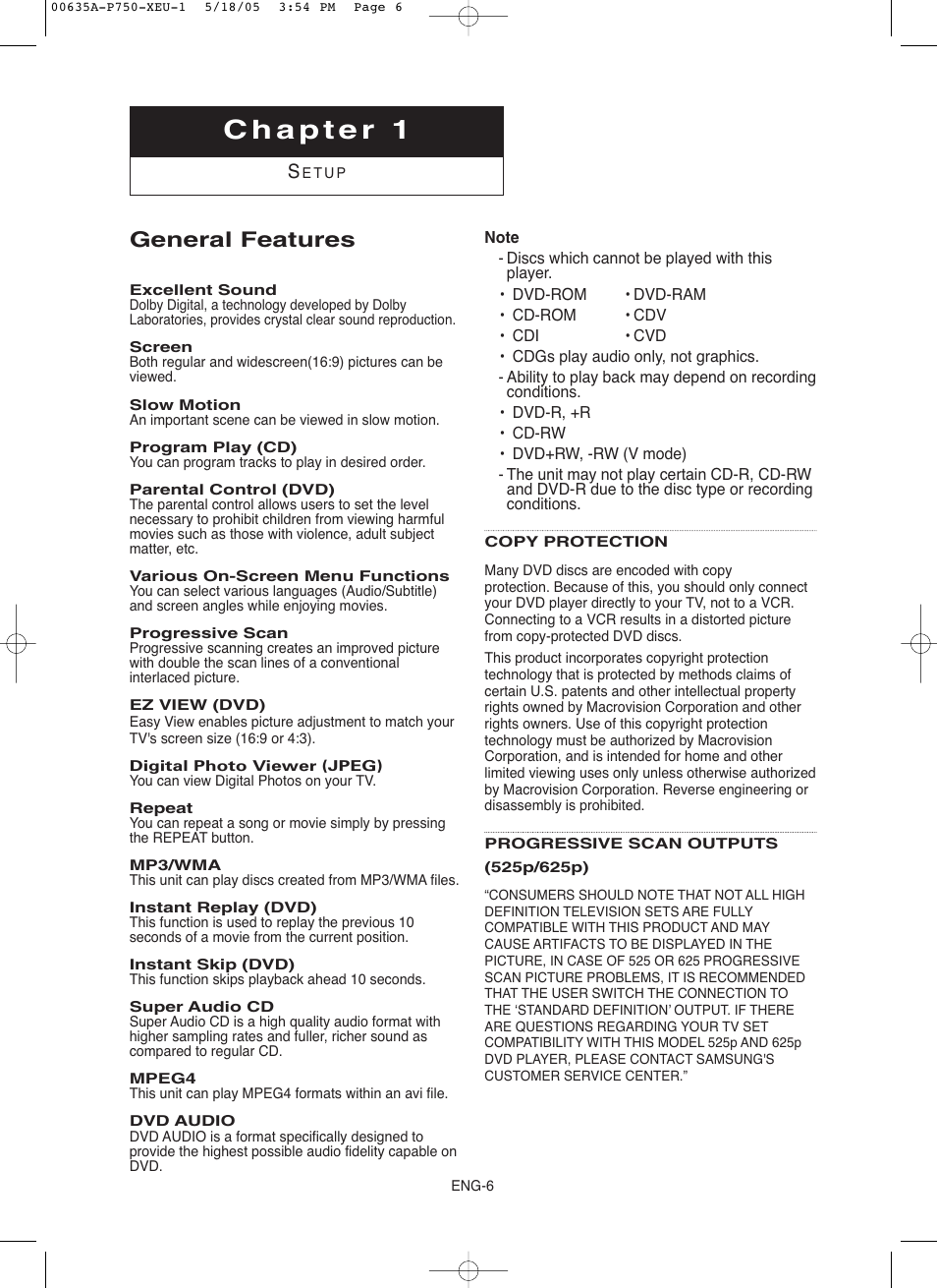 Chapter 1 setup, General features | Samsung DVD-P750 User Manual | Page 6 / 76